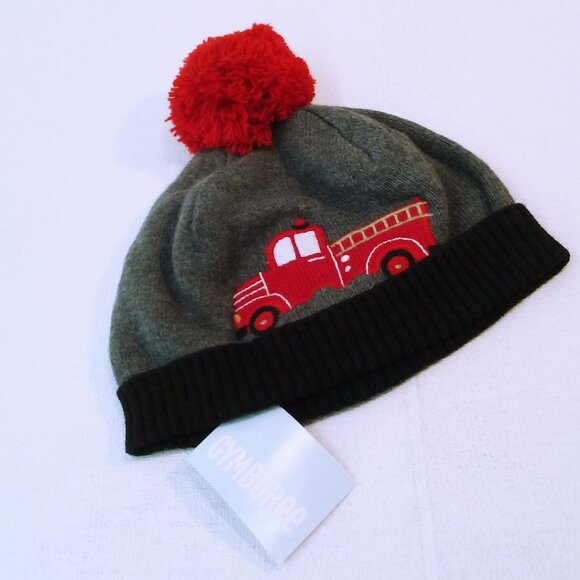 NWT 2016 Gymboree Knit Beanie Cap Unisex Boy 12-24mos Firetruck PomPom Cotton - Picture 3 of 13